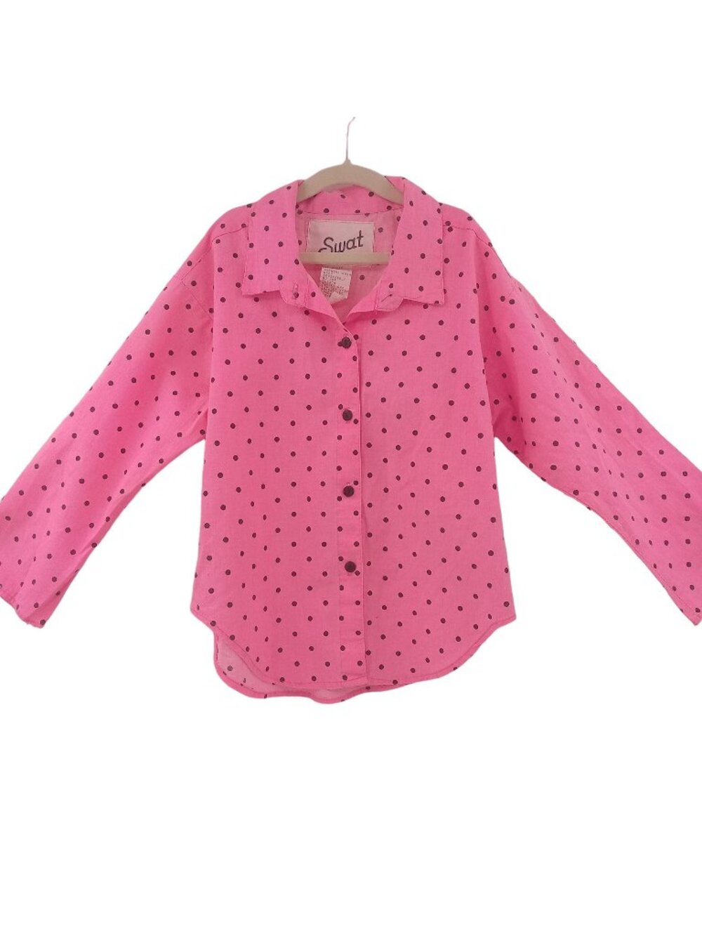 Vintage 80s Girls SWAT Pink Polka Dot Shirt Size L 36 In Bust 3/4 Sleeves USA